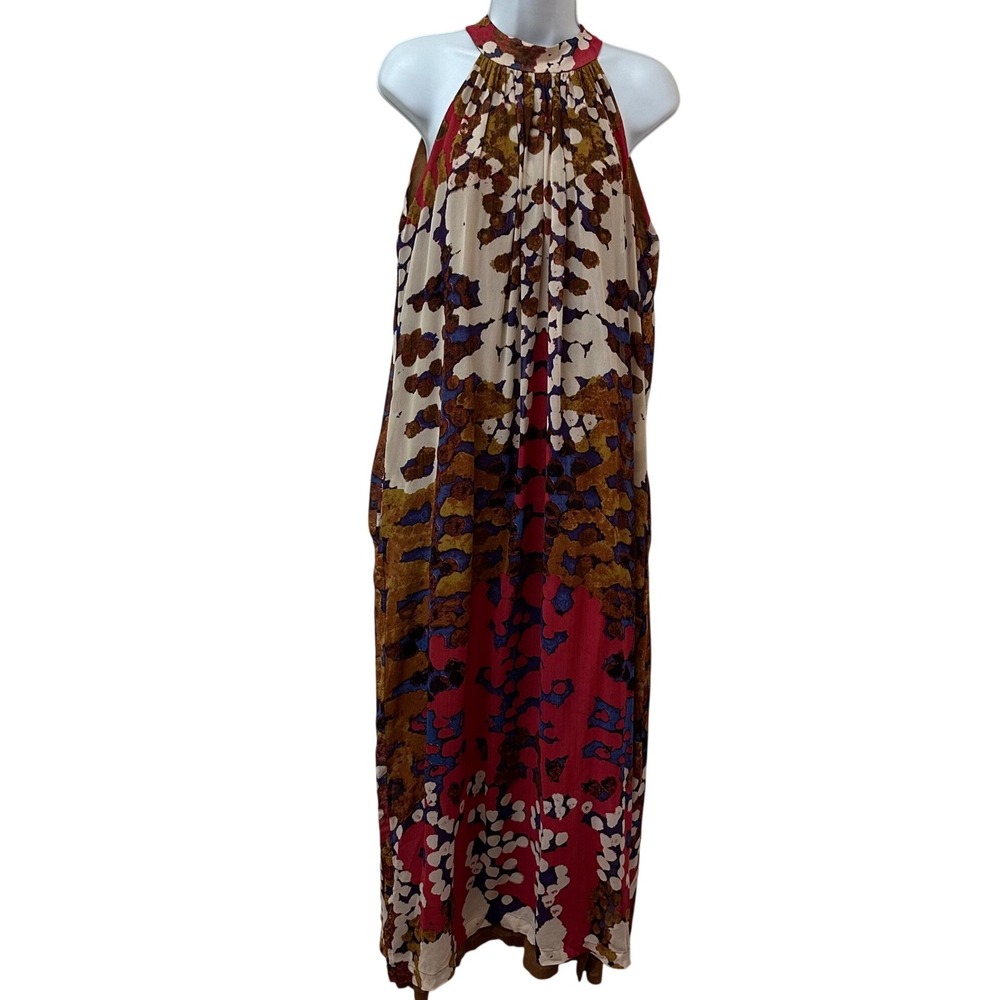 Roopa Pemmaraju Lorna Fencer Silk Maxi Dress Size 6 Abstract Art Halter Pockets